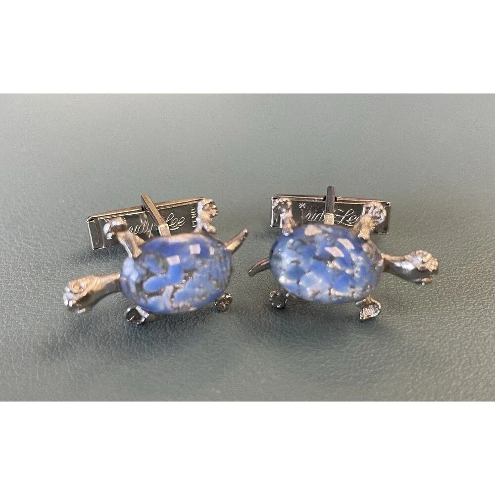 Vintage Judy Lee Cuff Links Blue Glass Domes Turtles Tortoise Silver Tone